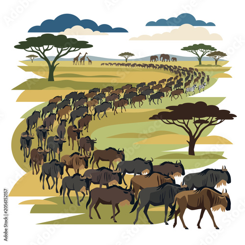 A large herd of wildebeests migrates across a savannah landscape with trees and hills in the background under a cloudy sky.
