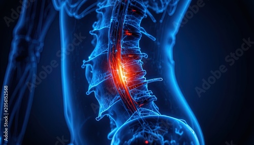 Medical Illustration of Human Spine with Lumbar Pain Highlighted in Bright Colors