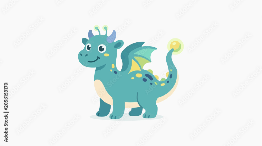 Fototapeta premium Dragon Holding Glowing Alien Orb and Sprouting Starry Wings, Cute Cartoon Extraterrestrial Creature for Gaming, Sci-Fi Branding and Education