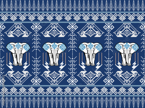 Blue Thai Elephant Pants Pattern in Pixel Art Style, Traditional Thai Textile Design with Decorative Elephant Motifs for Fashion, Fabric Prints and Cultural Artwork
