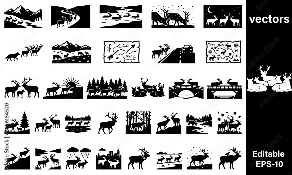 Obraz premium Collectionofblacksilhouettereindeericonsonwhitebackgroundforgraphicdesignandeditableeps10vectorfileforcustomizationanddigitalartprojects