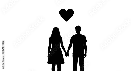 Foto Couple in silhouette stands hand in hand beneath a floating heart symbol to represent romantic love, partnership, and emotional connection in a minimalist artistic style