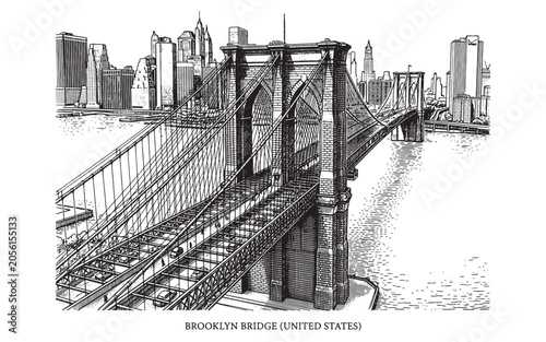 Konstfotografi Brooklyn Bridge and New York City Skyline, Detailed Vintage Urban Landscape Engr