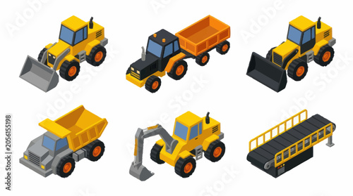 Fotografie Collection of Construction Vehicles and Equipment in Isometric View