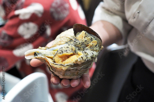 Foto Holding fresh whelk Tsubugai (or Japanese conch shell) for making sashimi in the restuarant