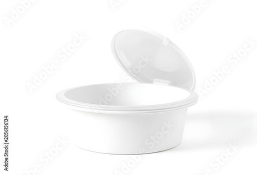 A white plastic container with its lid slightly ajar sits on a clean surface.