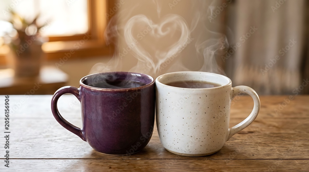 Fototapeta premium Two steaming mugs with heart shaped steam on rustic wooden table