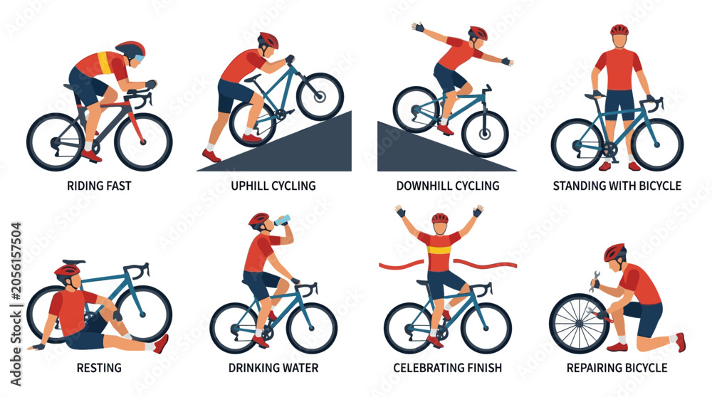 Naklejka premium Set of flat vector illustrations showing various cycling activities and poses for active people.