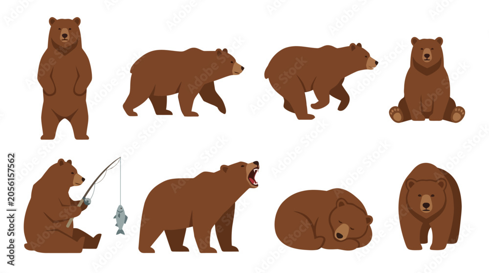 Fototapeta premium Set of brown bear characters in various poses and actions isolated on a white background.