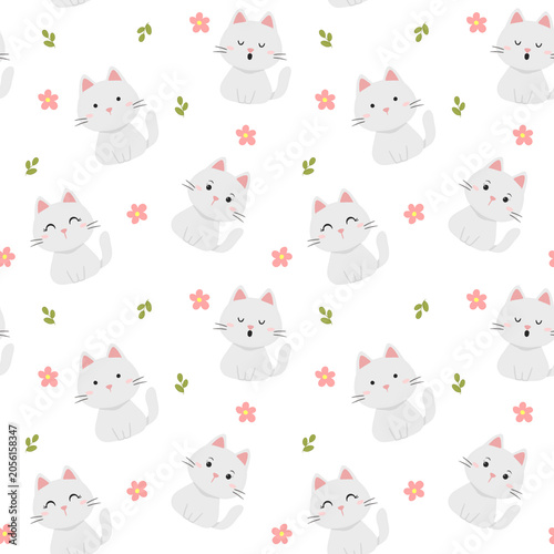 Cute hand drawn white cat seamless pattern