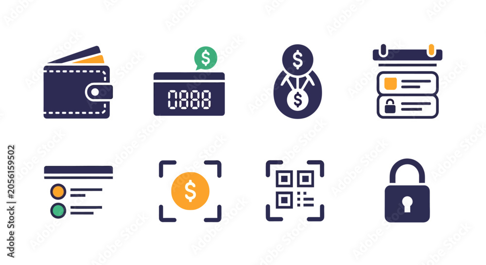Fototapeta premium Digital Payment Icons: Wallet, Card, QR Code, Security, Finance
