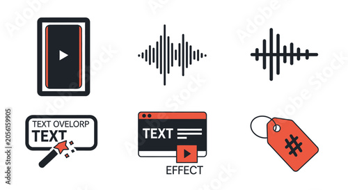Digital Content Creation Icons: Video, Audio, Text Effects, Hashtag
