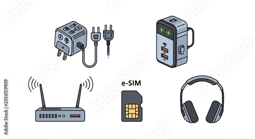 Digital Gadgets and Accessories: Travel Adapter, Router, E-SIM, Headphones, Charger