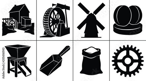 Slika na platnu Vintage watermill and traditional flour milling vector silhouette icon set featuring windmills millstones grain sacks and processing equipment in image_a09f08