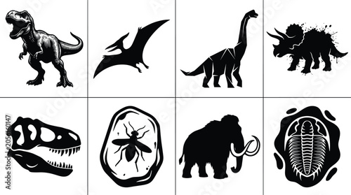 Foto Prehistoric dinosaurs and fossils vector silhouette set featuring tyrannosaurus rex pterodactyl mammoth skull and insect amber in image_a10ea8