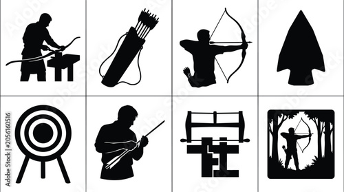 Φωτογραφία Traditional archery and bow making black silhouette icon set featuring archer, a