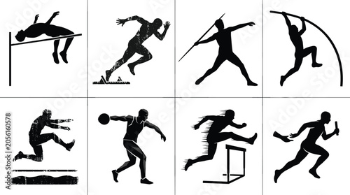 Φωτογραφία Track and field athletes black silhouette icon set featuring sprinting hurdling