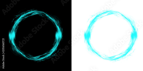 Cyan energy ring with pixelated square frame on black and white backgrounds comparison isolated on a transparent background