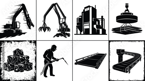 Valokuva Industrial metal recycling and scrap yard vector silhouette icon set featuring heavy machinery processing plants and worker graphics in image_a0f47f
