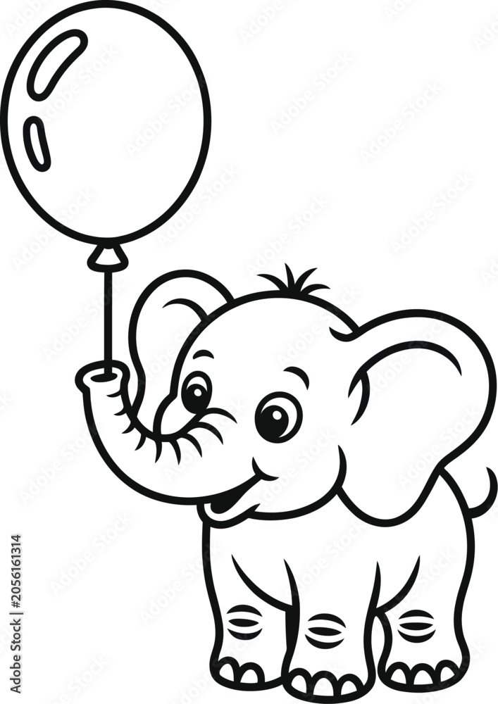 Fototapeta premium Cute baby elephant playing with a balloon in a simple line drawing style