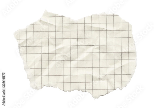 Crumpled torn squared notebook paper sheet with torn edges, grid texture background for scrapbook, memo and graphic design template.