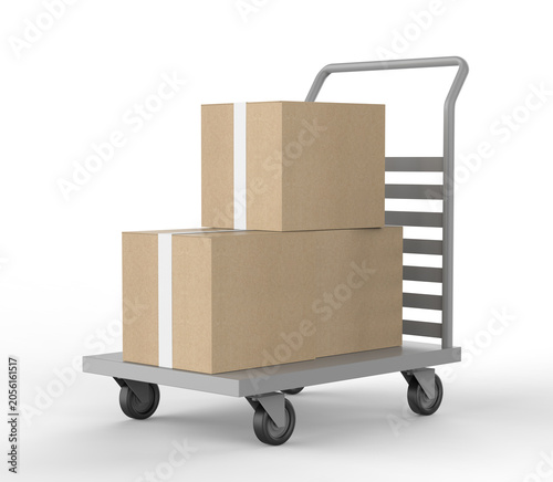 Delivery Box on Hand Truck Mockup, 3D render illustration of blank cardboard shipping boxes placed on a platform trolley. Clean white packaging cartons on a warehouse hand truck with wheels.