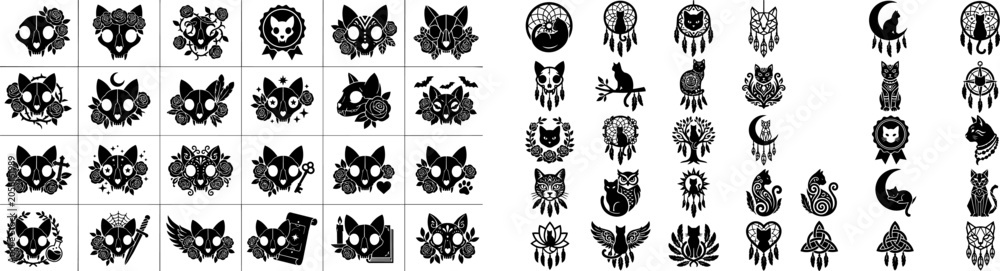 Obraz premium Black and white illustrations of owls cats and dreamcatchers with various designs and symbols on white background