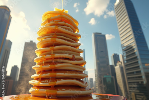 Skyscraper made of pancakes with syrup and butter, giant breakfast tower in city, surreal food art, golden brown, steam, commercial illustration. Generative AI.
