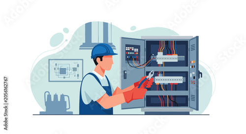 Photography Electrical Technician Repairing Wiring in Electrical Cabinet Vector Illustration