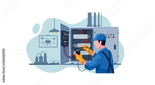Obraz na plátne Electrical Technician Repairing Wiring in Electrical Cabinet Vector Illustration