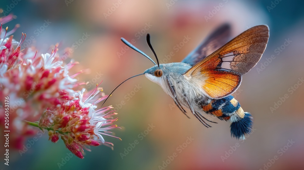 Obraz premium Hummingbird hawk moth hovering above a flower, wings blurred in rapid motion, body sharply focused, vibrant floral colors, dynamic wildlife macro