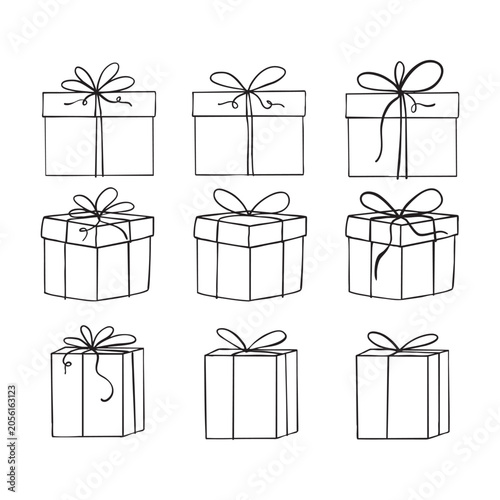 Gift box with bow outline coloring book page line art vector drawing. Gift box isolated on white, Christmas gift box with ribbon, Outline gift box vector