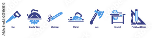 Foto Wood Craft web banner icon vector illustration with Saw, Circular Saw, Chainsaw,