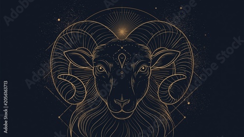 Ram head outlined in gold lines on dark starry background