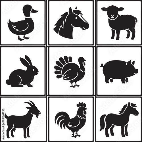 Black silhouettes of various farm animals on vector illustration