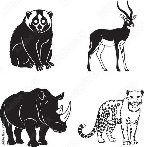 Collection of various wild animals in black silhouette on vector illustration