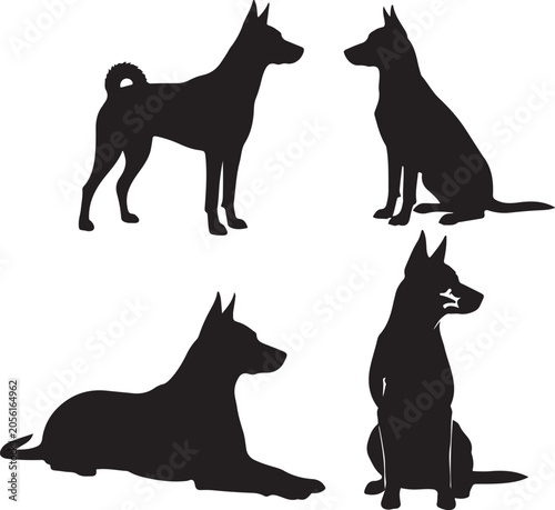 Set of four dog silhouettes in different poses on vector illustration