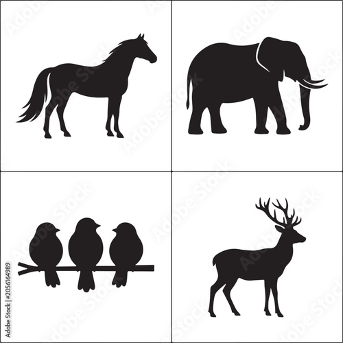 Silhouette icons of horse, elephant, birds on branch, and deer on vector illustration