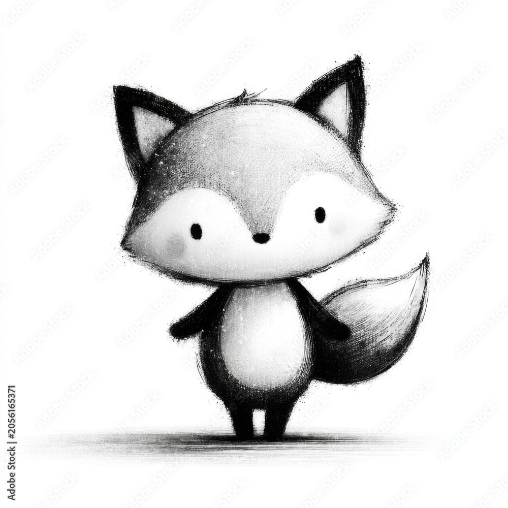 Fototapeta premium Cute black and white fox doodle illustration set in hand drawn cartoon style