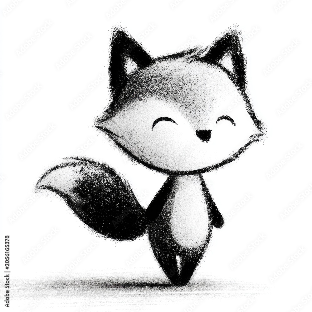 Fototapeta premium Cute black and white fox doodle illustration set in hand drawn cartoon style