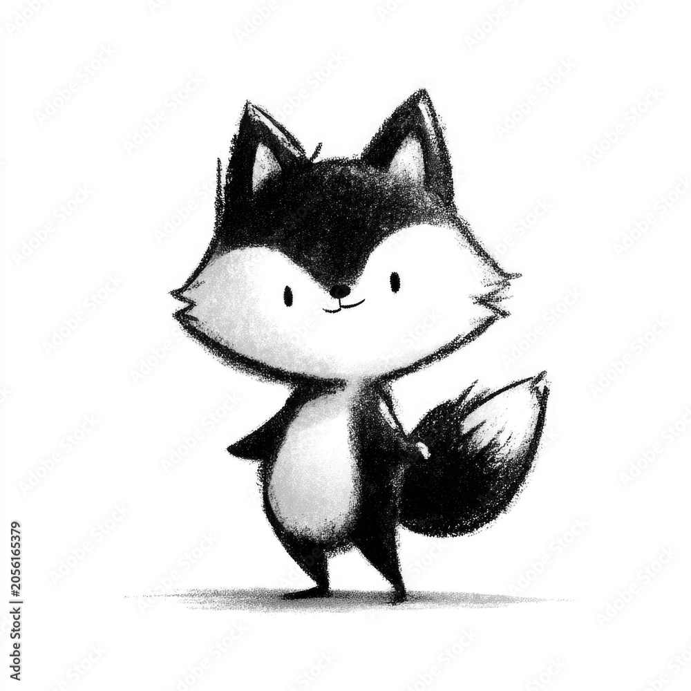 Fototapeta premium Cute black and white fox doodle illustration set in hand drawn cartoon style