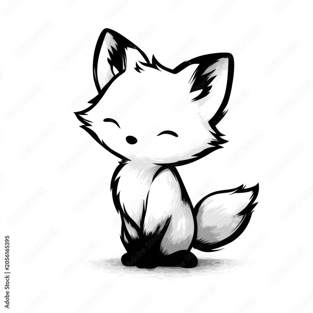 Fototapeta premium Cute black and white fox doodle illustration set in hand drawn cartoon style