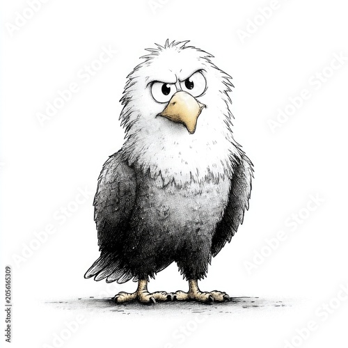 Grumpy cute eagle doodle illustration in hand drawn sketch style