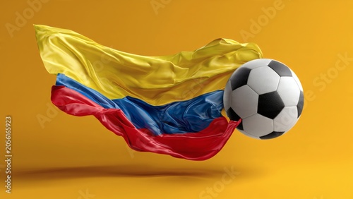 Soccer ball flying with Colombian flag on vibrant yellow background