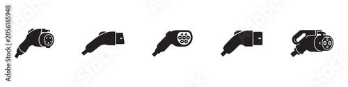 Electric vehicle EV charging plugs icon set. AC and DC charger connector interfaces and socket station types. Vector illustration.