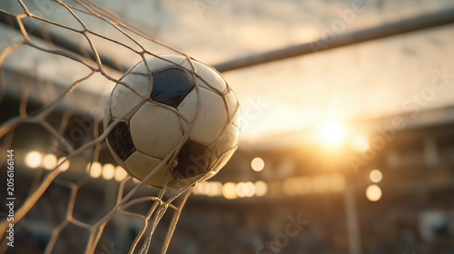 A soccer ball is captured hitting the back of the net during a game, with bright stadium lights and a sunset glow in the background.