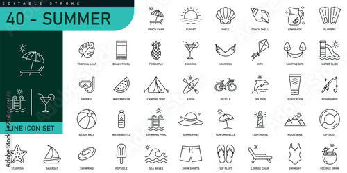 Summer Line Icon Set. Beach Vacation, Tropical Travel, Swimming, Camping, Sea Activities, Sunshine, Outdoor Recreation, Holiday and Summer Season Outline Icons