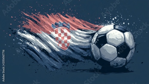 Dynamic abstract painting of soccer ball with Croatian flag elements