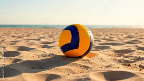 Beach volleyball sits on warm sand under a bright sky near shining ocean waves