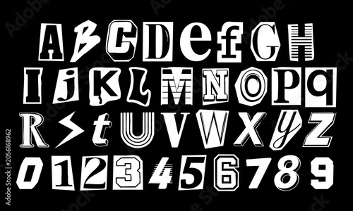 Black and white ransom note alphabet and numbers vector set, bold cutout typography with mixed letter styles for poster design, punk artwork, zine layout or graphic composition.